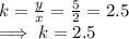 k  = \frac{y}{x} = \frac{5}{2}  = 2.5\\\implies  k = 2.5