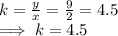 k  = \frac{y}{x} = \frac{9}{2}  = 4.5\\\implies  k = 4.5