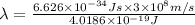 \lambda = \frac{6.626\times 10^{-34} J s\times 3\times 10^8 m/s}{4.0186\times 10^{-19} J}