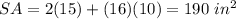 SA=2(15)+(16)(10)=190\ in^{2}
