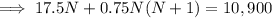 \implies17.5N+0.75N(N+1)=10,900