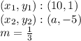 (x_ {1}, y_ {1}) :( 10,1)\\(x_ {2}, y_ {2}) :( a, -5)\\m = \frac {1} {3}