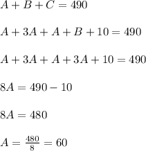 A+B+C=490\\\\A+3A+A+B+10=490\\\\A+3A+A+3A+10=490\\\\8A = 490-10\\\\8A=480\\\\A=\frac{480}{8}=60