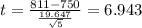 t=\frac{811-750}{\frac{19.647}{\sqrt{5}}}=6.943