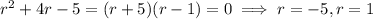 r^2+4r-5=(r+5)(r-1)=0\implies r=-5,r=1