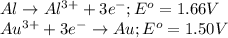 Al\rightarrow Al^{3+}+3e^-; E^o=1.66 V\\Au^{3+}+3e^-\rightarrow Au; E^o=1.50 V