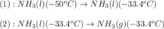 (1):NH_3(l)(-50^oC)\rightarrow NH_3(l)(-33.4^oC)\\\\(2):NH_3(l)(-33.4^oC)\rightarrow NH_3(g)(-33.4^oC)