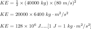 KE=\frac{1}{2}\times (40000\ kg)\times (80\ m/s)^2\\\\KE=20000\times 6400\ kg\cdot m^2/s^2\\\\KE=128\times 10^6\ J.....[1\ J=1\ kg\cdot m^2/s^2]
