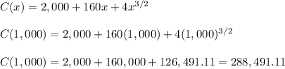 C(x) = 2,000 + 160x + 4x^{3/2}\\\\C(1,000)=2,000 + 160(1,000) + 4(1,000)^{3/2}\\\\C(1,000)=2,000+160,000+126,491.11= 288,491.11