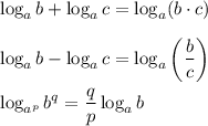 \displaystyle \log_a b+\log_a c=\log_a (b\cdot c)\\\\\log_ab-\log_a c=\log_a \left( \frac{b}{c} \right)\\\\\log_{a^p}b^q= \frac{q}{p} \log_a b