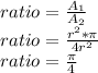ratio= \frac{ A_{1} }{ A_{2} } \\ ratio= \frac{r^{2} * \pi }{4r^{2}} \\ ratio= \frac{ \pi }{4}