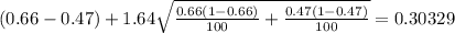 (0.66-0.47) + 1.64 \sqrt{\frac{0.66(1-0.66)}{100} +\frac{0.47(1-0.47)}{100}}=0.30329