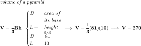 \bf \textit{volume of a pyramid}\\\\ V=\cfrac{1}{3}Bh~~ \begin{cases} B=&area~of\\ &its~base\\ h=&height\\ \cline{1-2} B=&\stackrel{9\times 9}{81}\\ h=&10 \end{cases}\implies V=\cfrac{1}{3}(81)(10)\implies V=270