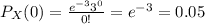 P_X(0) = \frac{e^{-3}3^0}{0!} = e^{-3} =  0.05