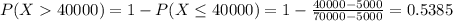 P(X  40000) = 1 - P(X \leq 40000) = 1 - \frac{40000 - 5000}{70000 - 5000} = 0.5385
