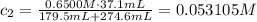 c_2 = \frac{0.6500 M\cdot 37.1 mL}{179.5 mL + 274.6 mL} = 0.053105 M