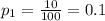 p_1 = \frac{10}{100}=0.1