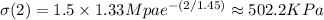 \sigma (2)=1.5\times 1.33 Mpa e^{-(2/1.45)}\approx 502.2 KPa