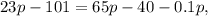 23p - 101 = 65p - 40 - 0.1p,