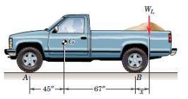 The indicated location of the center of gravity of the 3020-lb pickup truck is for the unladen condi