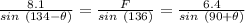\frac{8.1}{sin\ (134-\theta)} =\frac{F}{sin\ (136)} =\frac{6.4}{sin\ (90+\theta)}