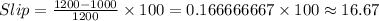 Slip=\frac {1200-1000}{1200}\times 100=0.166666667\times 100\approx 16.67