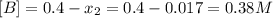 [B] = 0.4 - x_{2} = 0.4 - 0.017 = 0.38 M