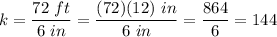 k=\dfrac{72\ ft}{6\ in}=\dfrac{(72)(12)\ in}{6\ in}=\dfrac{864}{6}=144