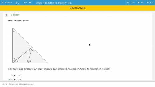 In the figure, angle c measures 83°, angle f measures 105°, and angle e measures 37°. what is the me