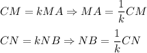 CM=kMA\Rightarrow MA=\dfrac{1}{k}CM\\ \\CN=kNB\Rightarrow NB=\dfrac{1}{k}CN