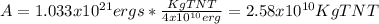 A=1.033x10^{21} ergs *\frac{Kg TNT}{4x10^{10} erg}=2.58x10^{10} Kg TNT