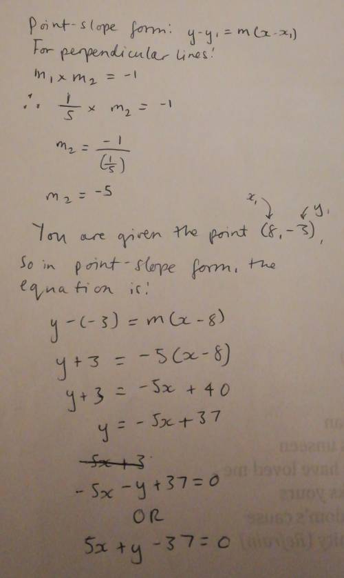 Use the given conditions to write an equation for the line in point-slope form and in slope-intercep