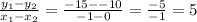 \frac{y_1-y_2}{x_1-x_2}= \frac{-15--10}{-1-0}= \frac{-5}{-1}=5
