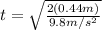 t=\sqrt{\frac{2(0.44 m)}{9.8 m/s^{2}}}