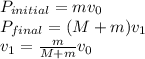 P_{initial} = mv_0\\P_{final} = (M+m)v_1\\v_1 = \frac{m}{M+m}v_0