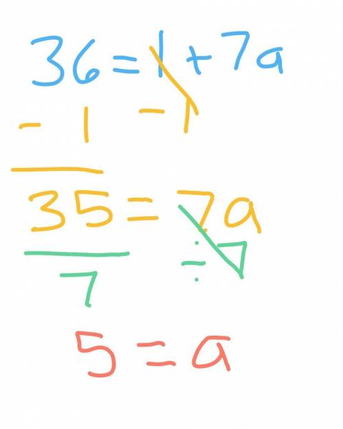Solve each equation &  show 3) 36 = 1+ 7a