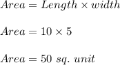 Area=Length\times width\\\\Area=10\times 5\\\\Area=50\ sq.\ unit