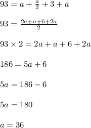 93 = a + \frac{a}{2} + 3 + a\\\\93 = \frac{2a + a + 6 + 2a}{2}\\\\93 \times 2 = 2a + a + 6 + 2a\\\\186 = 5a + 6\\\\5a = 186 - 6\\\\5a = 180\\\\a = 36