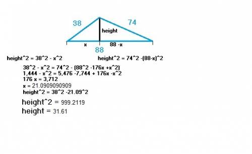 The lengths of the side of a triangle are 74 feet, 38 feet, and 88 feet. what is the length of the a