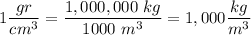 \displaystyle 1 \frac{gr}{cm^3}=\frac{1,000,000\ kg}{1000\ m^3}=1,000\frac{kg}{m^3}