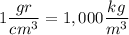 \displaystyle 1 \frac{gr}{cm^3}=1,000\frac{kg}{m^3}