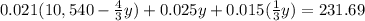 0.021(10,540-\frac{4}{3}y)+0.025y+0.015(\frac{1}{3}y)=231.69
