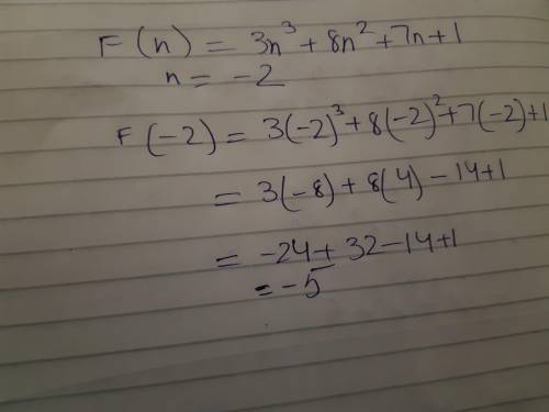 Evaluate the function at the given value f(n)= 3n^3 + 8n^2 + 7n + 1 at n= -2