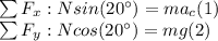\sum F_x:Nsin(20^\circ)=ma_c(1)\\\sum F_y:Ncos(20^\circ)=mg(2)