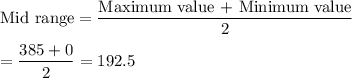 \text{Mid range} = \dfrac{\text{Maximum value + Minimum value}}{2}\\\\= \dfrac{385 + 0}{2} = 192.5