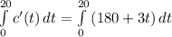 \int\limits^{20}_{0} {c'(t)} \, dt =\int\limits^{20}_0 {(180+3t)} \, dt