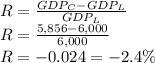 R=\frac{GDP_C-GDP_L}{GDP_L}\\R=\frac{5,856-6,000}{6,000}\\R=-0.024 = -2.4\%
