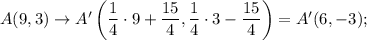 A(9,3)\rightarrow A'\left(\dfrac{1}{4}\cdot 9+\dfrac{15}{4},\dfrac{1}{4}\cdot 3-\dfrac{15}{4}\right)=A'(6,-3);