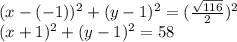 (x-(-1))^2+(y-1)^2=(\frac{\sqrt{116}}{2})^2\\(x+1)^2+(y-1)^2=58