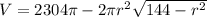 V=2304\pi-2\pi r^2\sqrt{144-r^2}